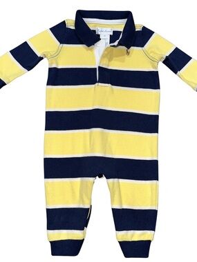 Baby Boy Ralph Lauren Romper Yellow & Navy Stripe Size 6m Long Sleeve Snaps
